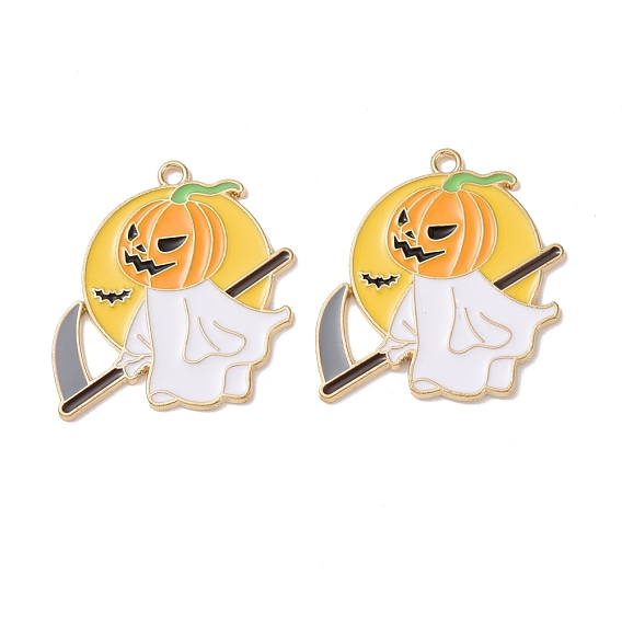 Halloween Theme Alloy Enamel Pendants, Light Gold, Ghost with Pumpkin