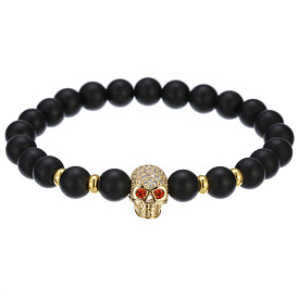 Fashionable Matte Black Beaded Bracelet with Skull Head - Men's Jewelry