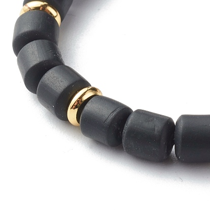 Bracelets extensibles en perles de larvikite naturelles, avec de la pâte polymère et des alliages faits à la main et des perles en laiton