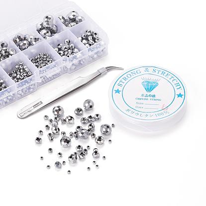710Pcs Electroplate Transparent Glass Beads Strands, Rondelle, 410 Stainless Steel Pointed Tweezers and Elastic Crystal Thread