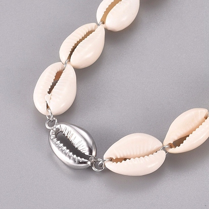 304 Stainless Steel Beaded Necklaces, with Cowrie Shell Beads and Lobster Claw Clasps