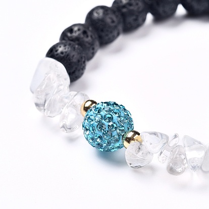 Stretch Bracelets, with Natural Lava Rock Round Beads & Quartz Crystal Chips Beads, Brass Beads and Rhinestone Pave Disco Ball Beads