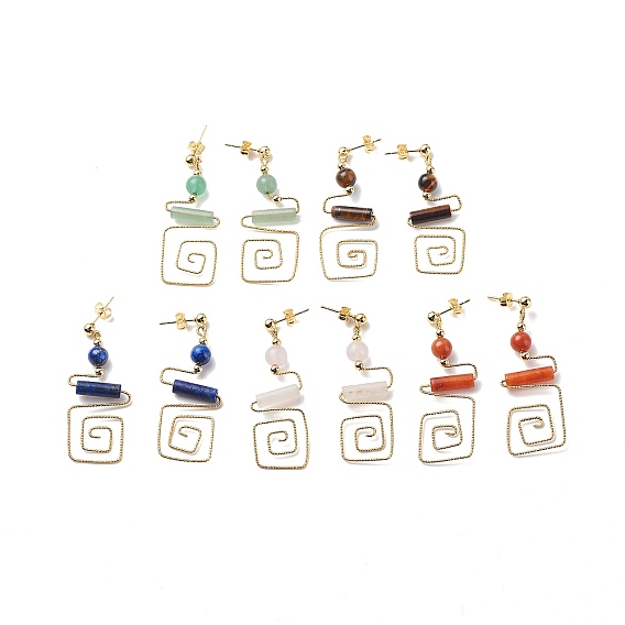 5 Pairs 5 Style Natural Mixed Gemstone Column Beaded Dangle Stud Earrings, Brass Rectangle Long Drop Earrings for Women, Light Gold