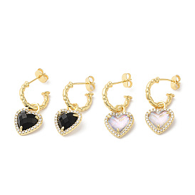 Glass Heart Dangle Stud Earrings with Cubic Zirconia, Real 18K Gold Plated Brass Jewelry for Women