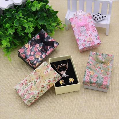 Caja de embalaje de joyería de cartón con patrón de flores, 2 espacio, para pendientes de anillo, con lazo de cinta y esponja negra, Rectángulo