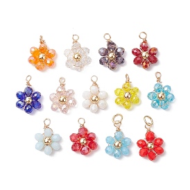 Glass Beaded Pendants, with Alloy Wire Wrapped Findings, Flower Charms
