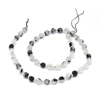Naturel noir quartz rutile brins de perles, avec des perles de rocaille, facette, Toupie, perles de prisme à double pointe