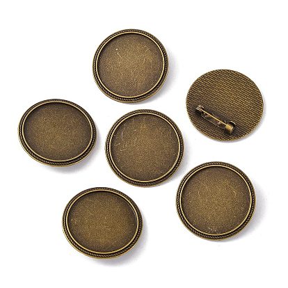 Flat Round Tibetan Style Brooch Cabochon Settings, with Iron Back Bar Pins, Cadmium Free & Lead Free, Tray: 30mm, 35x7mm