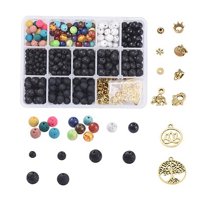 DIY Chakra Stretch Bracelet Making Kits, with Elastic Crystal Thread, Round Lava Rock Gemstone & Glass Beads, Alloy Pendants & Beads