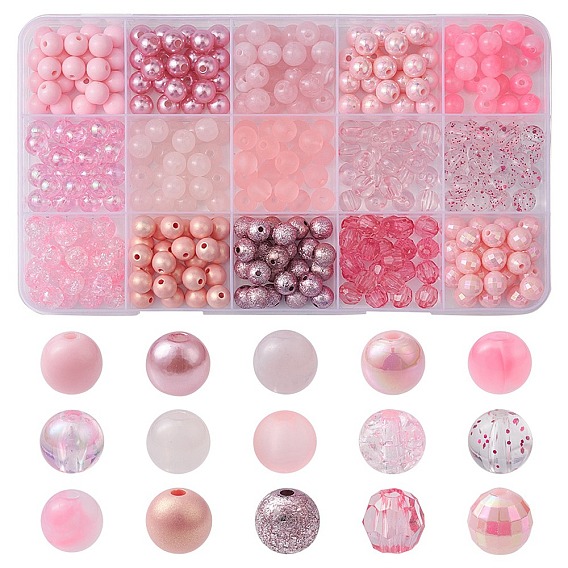 375pcs 15 styles de perles acryliques, ronde