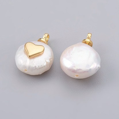 Pendentifs de perles d'eau douce de culture naturelle, avec les accessoires en laiton, plaqué longue durée, cœur