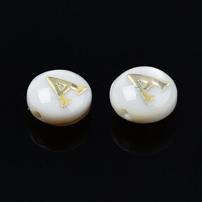 Natural Freshwater Shell Beads, with Golden Plated Brass Etched Metal Embellishments, Flat Round with Letter, Seashell Color
