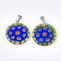 Handmade Millefiori Lampwork Pendants, with 304 Stainless Steel Findings, Flat Round, Stainless Steel Color