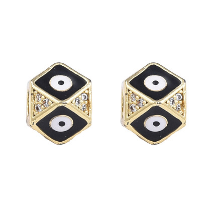 Brass Micro Pave Clear Cubic Zirconia Beads, with Enamel, Real 18K Gold Plated, Octagon with Evil Eye, Nickel Free