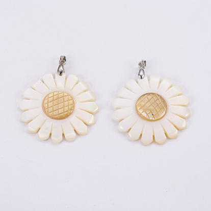 White Shell Pendants, with Platinum Tone Brass Bail & Yellow Shell, Sunflower