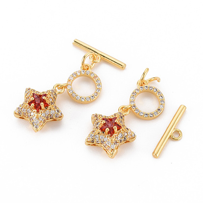 Brass Micro Pave Cubic Zirconia Toggle Clasps, Nickel Free, Star & Bar, Real 18K Gold Plated