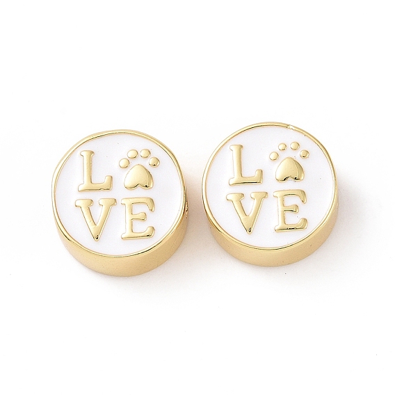 Brass Enamel Beads, Cadmium Free & Lead Free, Long-Lasting Plated, Real 18K Gold Plated, Flat Round with Word Love & Cat Paw