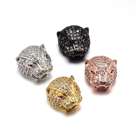 Laiton micro pave perles de tête de léopard cubique zircone, sans plomb et sans cadmium et sans nickel, clair, 14x13x9mm, trou: 3 mm et 7x4 mm