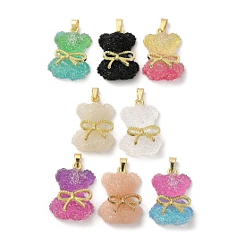 Druzy Resin Bear Pendants, Cute Bear Charms with Rack Plating Real 18K Gold Plated Brass Bowknot, Long-Lasting Plated, Lead Free & Cadmium Free