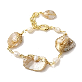 Bracelets à maillons en perles naturelles et coquillages, bracelet enveloppé de fil de laiton