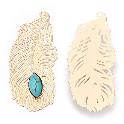 Brass Big Pendants, with Synthetic Turquoise, Feather Charm