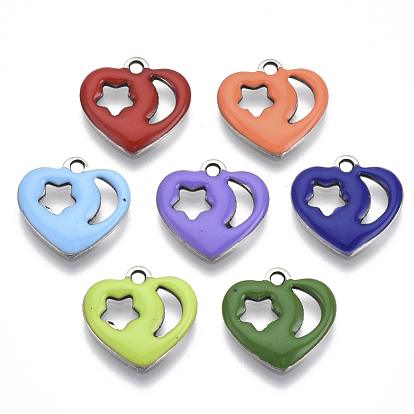 201 Stainless Steel Enamel Charms, Heart, Stainless Steel Color with Star, Stainless Steel Color & Moon, Stainless Steel Color
