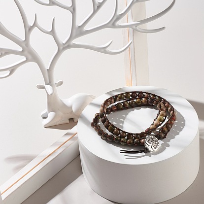 Perles rondes en pierres naturelles mélangées 2 bracelet enroulé brut, Bracelet enveloppant en cuir à breloque arbre de vie pour fille femme