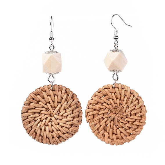 Boucles d'oreilles en perles de canne / rotin faites à la main, avec des perles en bois  , accessoires en fer et les accessoires en laiton, plat rond