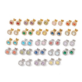 Cubic Zirconia & Rhinestone Square Stud Earrings, 304 Stainless Steel Jewelry for Women