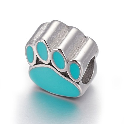 Ion Plating(IP) 304 Stainless Steel European Beads, with Enamel, Large Hole Beads, Dog Paw Prints