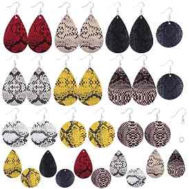 SUNNYCLUE DIY Earring Making, with PU Leather Pendants, Brass Earring Hooks and Iron Jump Rings, Teardrop and Flat Round with Snakeskin Pattern