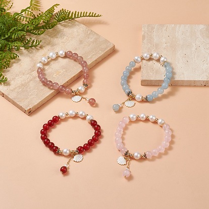Natural Mixed Gemstone & Pearl Stretch Bracelet, Alloy Enamel Shell Charms Bracelet for Women