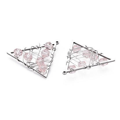 201 Stainless Steel Pendants, with Faceted Pink Glass Beads, Wire Wrapped, Triangle