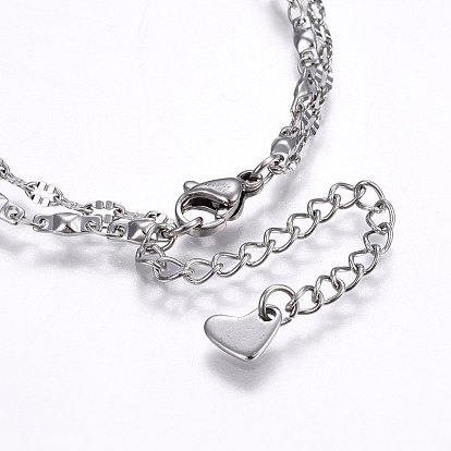 304 Stainless Steel Multi-strand Bracelets, with Lobster Claw Clasps, Heart