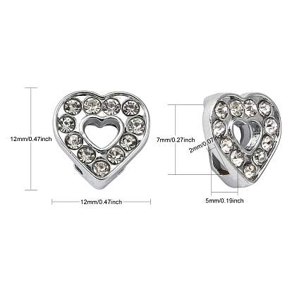 Alloy Heart Slide Charms with Grade A Rhinestones, 12x12x5mm, Hole: 7x2mm
