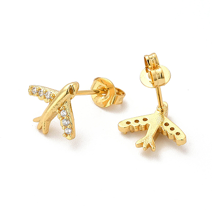 Clear Cubic Zirconia Airplane Stud Earrings, Rack Plating Brass Jewelry for Women, Lead Free & Cadmium Free