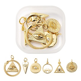 6Pcs 6 Style Brass Rough Surface Pendants, with Jump Rings, Flat Round & Triangle & Heart with Evil Eye