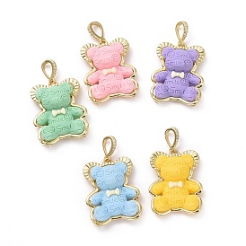 Opaque Resin Pendants, Bear with Word Smile Charm, with Brass Micro Pave Clear Cubic Zirconia, Cadmium Free & Lead Free, Real 18K Gold Plated