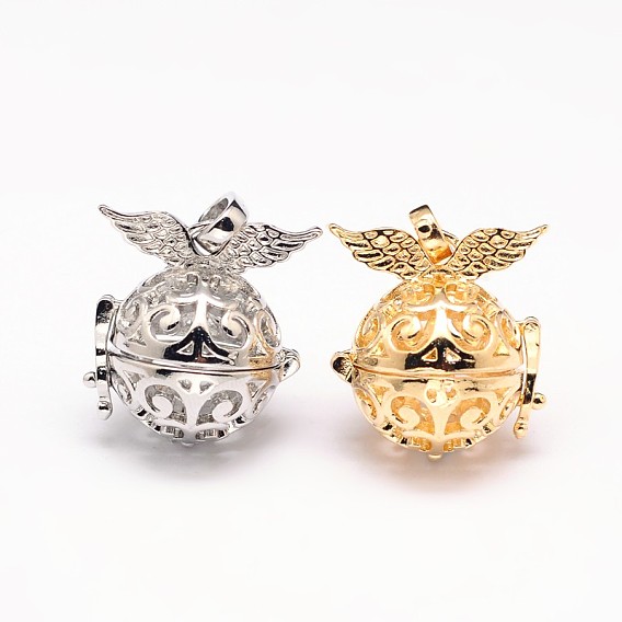 Rack Plating Brass Hollow Cage Pendants, For Chime Ball Pendant Necklaces Making, Round with Wings, 28x21mm, Hole: 9x3.5mm