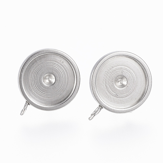 201 Stainless Steel Stud Earring Settings, with Loops and 304 Stainless Steel Pins, Flat Round