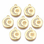 Brass Micro Pave Clear Cubic Zirconia Charms, Nickel Free, Flat Round with Moon & Sun
