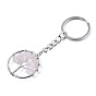 Natural Gemstone Chips Chakra Keychain, with Platinum Plated Stainless Steel Split Key Rings, Flat Round with Tree of Life