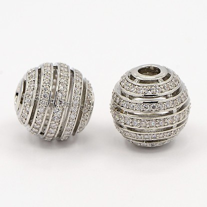 Hollow Round Brass Micro Pave Cubic Zirconia Beads, 13mm, Hole: 3.5mm