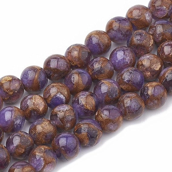 Cordes de perles de calcédoine naturelles, imitation or pierre clinquant, teints et chauffée, ronde