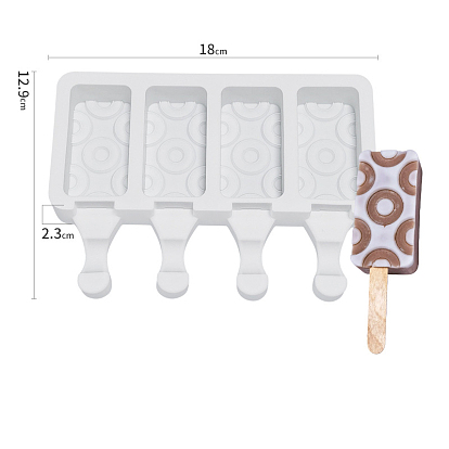 Silicone Ice-cream Stick Molds, with 4 Styles Rectangle with Donut Pattern-shaped Cavities, Reusable Ice Pop Molds Maker