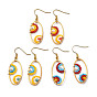 Oval Dangle Earrings, with Glass Seed Beads, Glass Pearl Beads, Brass Linking Rings and Iron Earring Hooks, Golden
