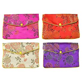 Rectangle Floral Embroidery Cloth Zipper Pouches, Jewelry Storage Bags