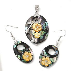 Natural Paua Shell Oval & White Shell Flower Jewelry Set, Rhinestone Dangle Earrings & Pendants with Brass Findings