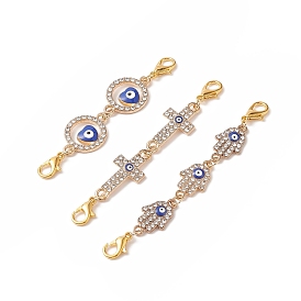 3 piezas 3 estilos cierres dobles de garra de langosta de diamantes de imitación de cristal de aleación de zinc, hanmsa mano y anillo y cruz azul mal de ojo cierres de pinza de langosta