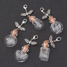 Mixed Shape Glass Bottle Big Pendants, with Tibetan Style Butterfly Bead and Brass Lobster Claw Clasps